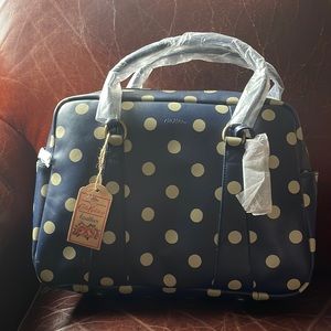 Cath Kidston leather bowling bag, NWT, blue with polka dots